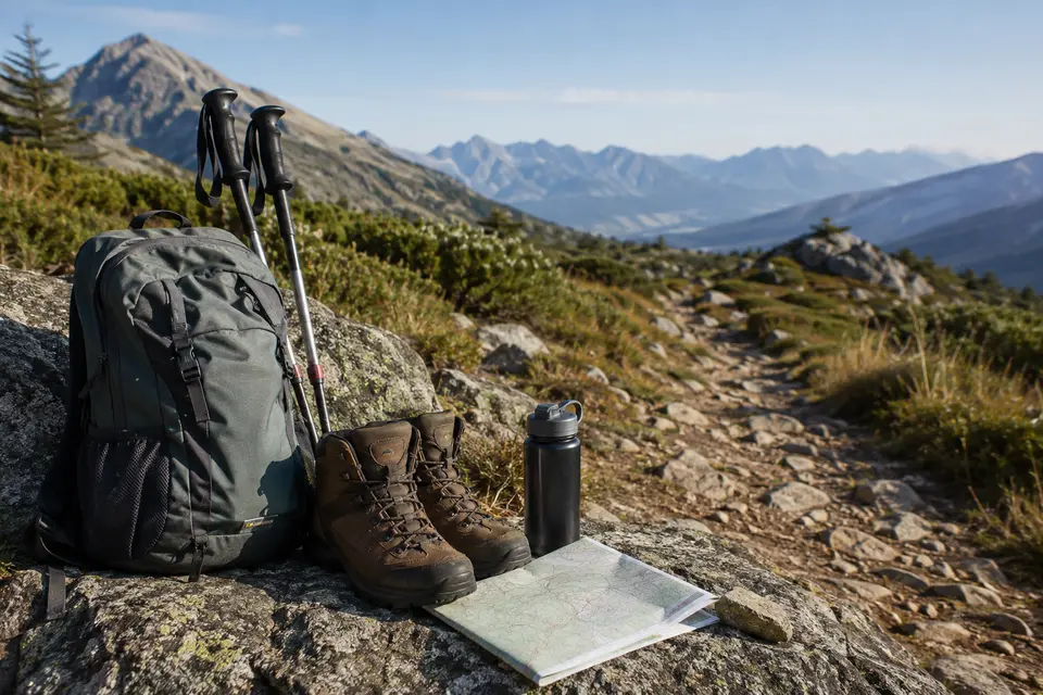 山道のそばに置かれた登山靴やバックパック、トレッキングポール